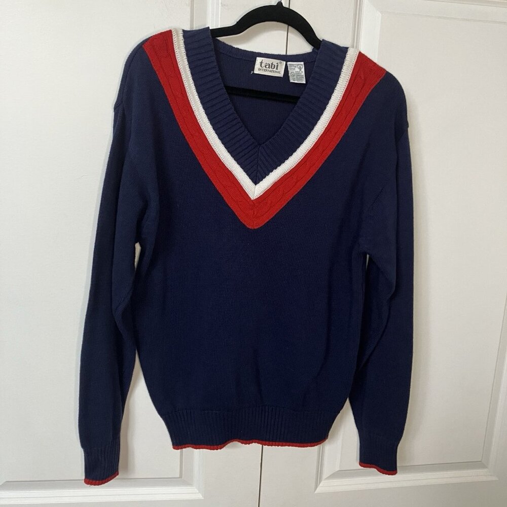 VINTAGE TABI Navy Blue V-Neck Sweater Red White Trim 100% Cotton Size Large